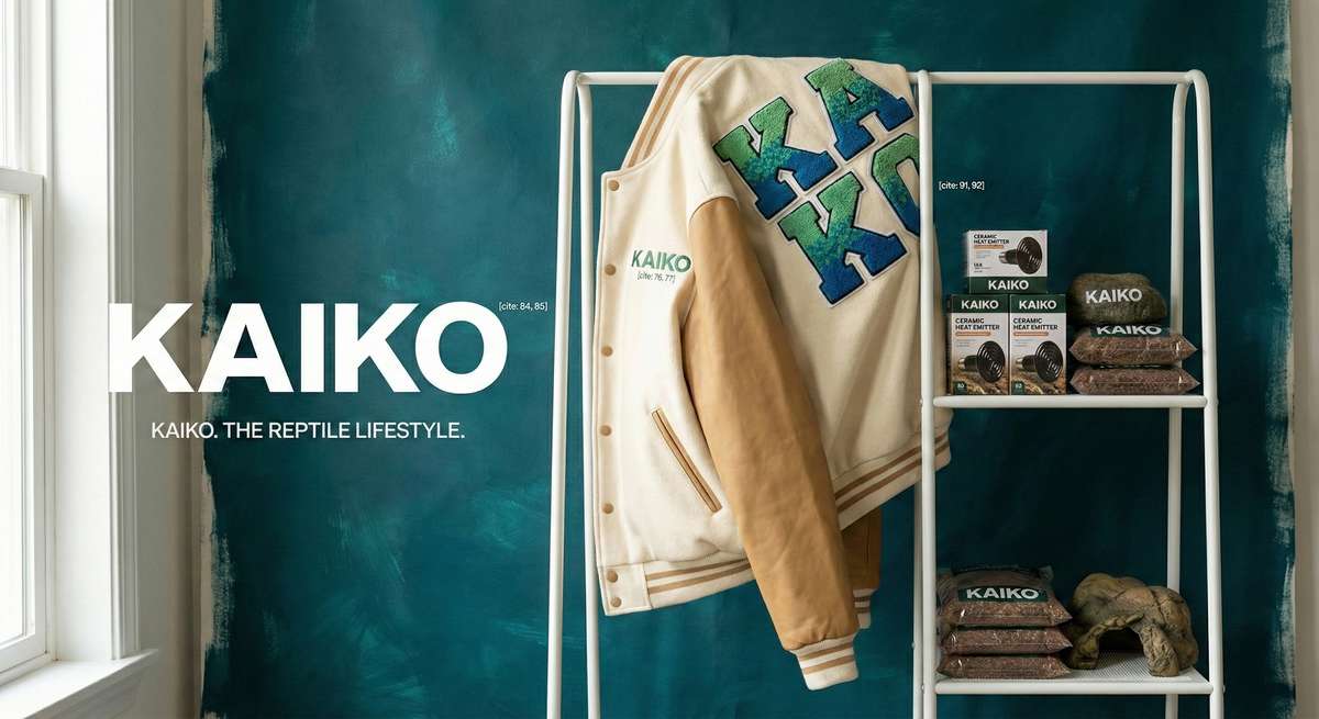 KAIKO products displayed on shelves with varsity jacket — The Reptile Lifestyle